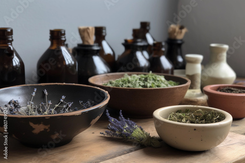 Natural Remedy, Herbal Medicine on Wooden Table. Generative AI.