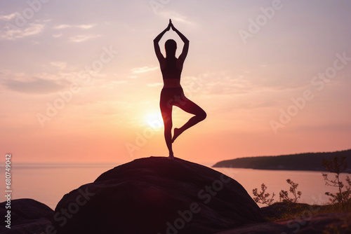 Sunset Seashore Yoga, Woman's Silhouette in Asana Pose. Generative AI.