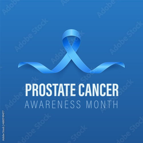 Prostate Cancer Banner, Card, Placard with Vector 3d Realistic Blue Ribbon on Blue Background. Prostate Cancer Awareness Month Symbol Closeup, September. World Prostate Cancer Day Concept