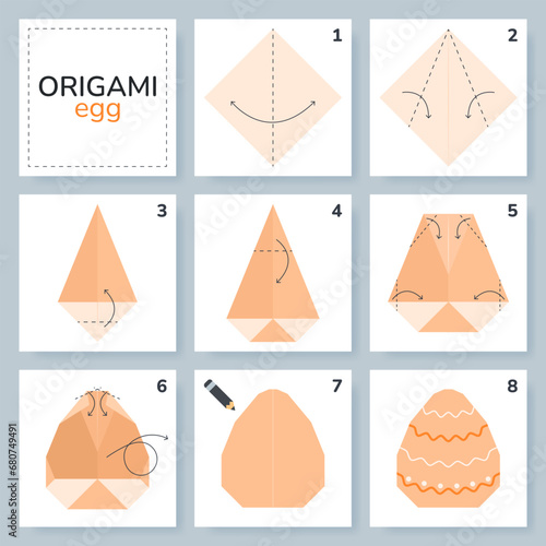 Easter egg origami scheme tutorial moving model. Origami for kids. Step by step how to make a cute origami egg. Vector illustration.