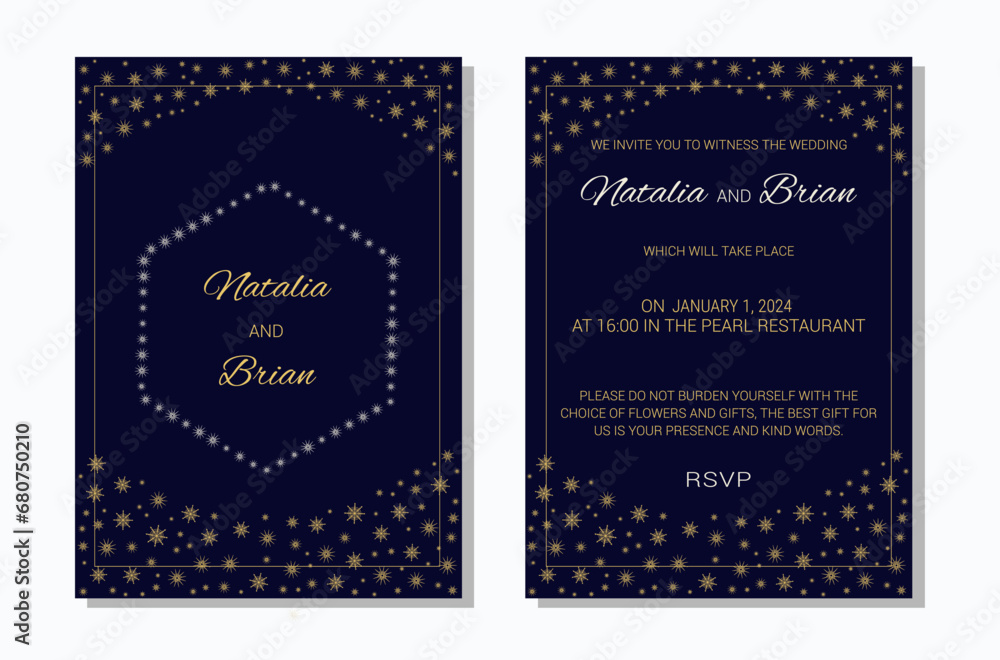 Wedding invitation layout template in winter theme. Golden snowflakes on a dark blue background. Design of an invitation card. Vector illustration.