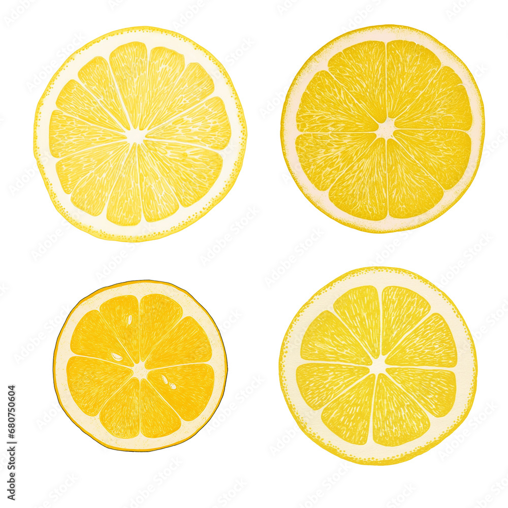 Illustrated lemon slices isolated with a transparent background. Generative AI. Illustrated lemon slices isolated with a transparent background. Generative AI.