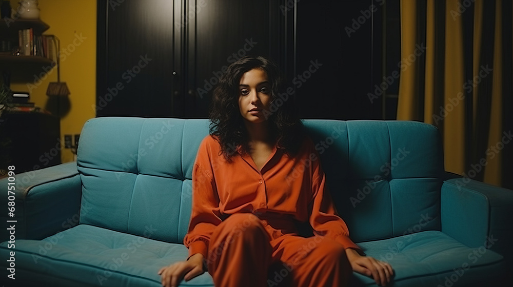 Fototapeta premium Depressed woman awake in the night, she is exhausted and suffering from insomnia