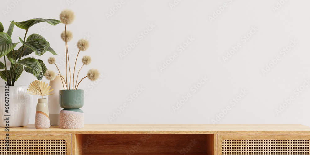 Wooden cabinet and accessories decor in living room interior on empty white wall background - obrazy, fototapety, plakaty 
