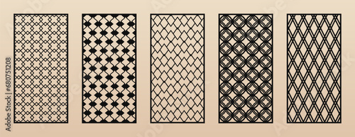 Decorative panels for laser cut, CNC cutting. Cutout silhouette with abstract geometric pattern, grid, diamonds, rhombuses, thin lines, lattice. Modern vector stencil for wood, metal. Aspect ratio 1:2