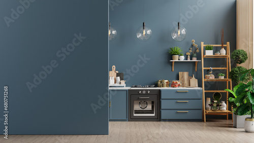 Mockup modern style kitchen interior design with dark blue wall