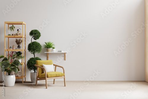 Fototapeta Naklejka Na Ścianę i Meble -  Modern minimalist interior with an yellow armchair on empty white color wall background
