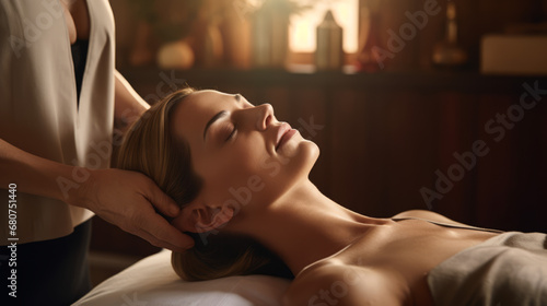 a beautiful middle age woman being massaged by another woman photo