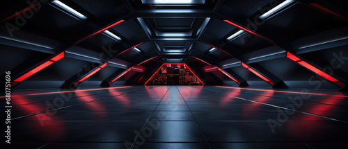 Modern dark garage background, futuristic parking with red neon lighting. Minimalist design of empty warehouse, abstract room interior. Concept of show, industry, hall, space, hangar