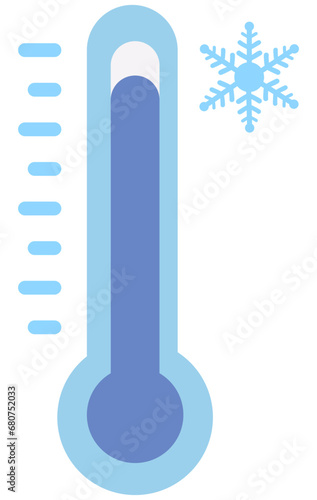 Cold temperature on blue thermometer with snow sign isolated white background.