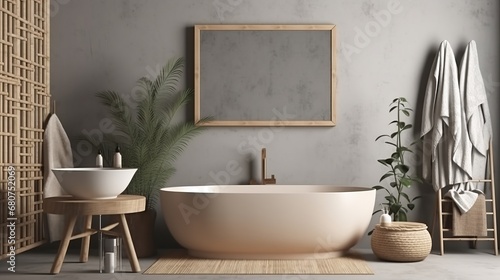 Poster mockup in cozy nomadic bathroom interior background  3d render. Cozy nomadic bathroom interior. Decor concept. Real estate concept. Art concept. Bathroom concept. Stylist concept. 3d render