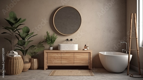 Poster mockup in cozy nomadic bathroom interior background  3d render. Cozy nomadic bathroom interior. Decor concept. Real estate concept. Art concept. Bathroom concept. Stylist concept. 3d render