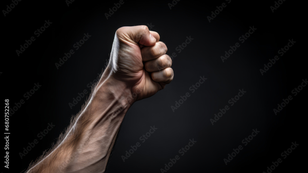 A clenched male fist is up in the air on dark background
