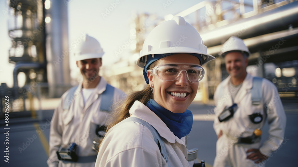 Groups of engineers in white jumpsuits and helmets smiling at work, standing in a petrochemical plant Groups of engineers in white jumpsuits and helmets smiling at work, standing in a petrochemical plant