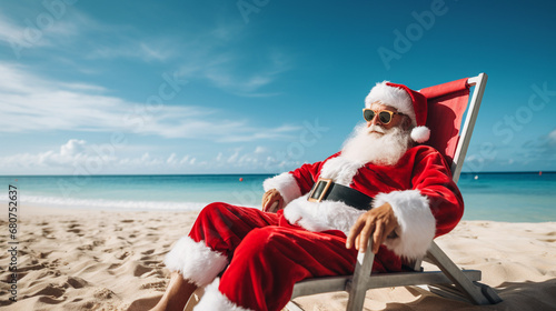 Santa Claus relaxing in deck chair on tropical beach. Christmas vacation and travel concept.
Christmas and New Year concept. 
