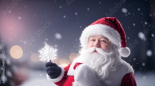 Christmas evening with Santa Claus in a beautiful defocused snowing environment background holding a snow flake © RobCav