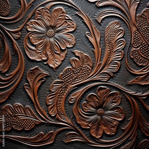 Fondo con detalle y textura de superficie de cuerpo con grabados de estilos florales en piel marron