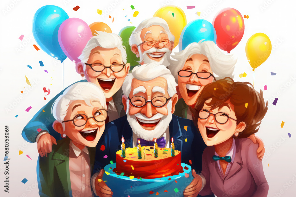 adults celebrating a birthday. party for old men and women. happy old age and retirement age. gentlemen are having fun