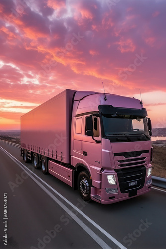 Loaded European truck on motorway in red  orange  pink sunset light. On the road transportation and cargo.