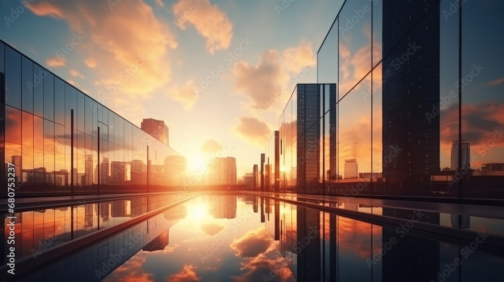 Obraz premium Modern office building or business center. High-rise window buildings made of glass reflect the clouds and the sunset. empty street outside wall modernity civilization. growing up business