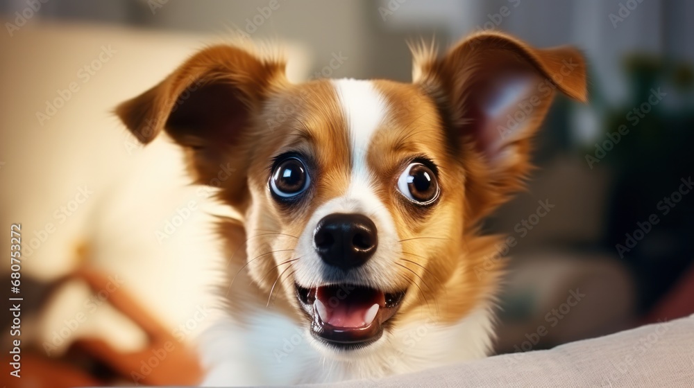 Young crazy surprised dog make big eyes closeup. surprised dog funny face big eyes. Young dog looking surprised and scared. Emotional surprised wide big eye dog at home, high quality photo Young crazy surprised dog make big eyes closeup. surprised dog funny face big eyes. Young dog looking surprised and scared. Emotional surprised wide big eye dog at home, high quality photo