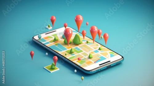 Smartphone with map, 3D Map pins, GPS, navigator pin checking points, 3D World Map icon, technology and application mobile smart phone with mobile, delivery tracking, transportation, generate by AI