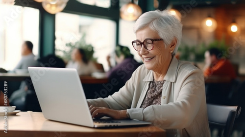 Elder cheerful smiling woman, enjoys social atmosphere, navigating the internet, traditional wisdom, modern technology, digitally connection for senior, exemplifying lifelong learning and engagement