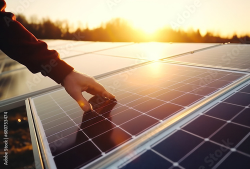 As sunset approaches, man hand gently grazes surface of solar panel, embodying potential of sustainable living and energy independence, symbolizing human interaction with renewable energy sources