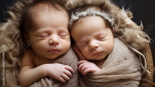 twins sisters newborn in the winding and in a basket, AI Generative.