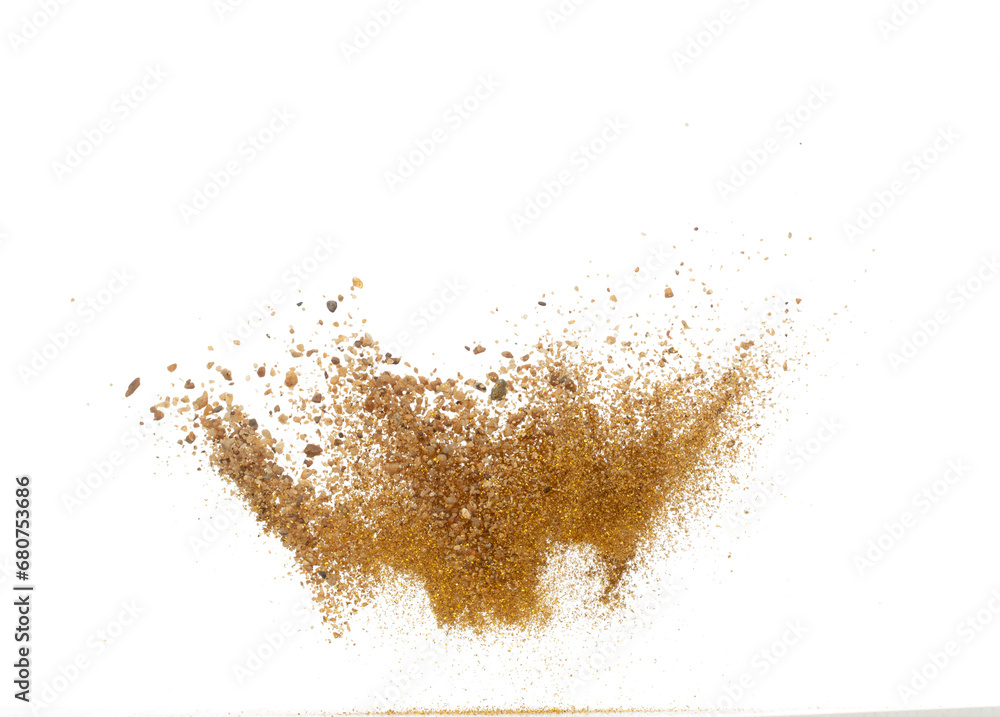 Gold ore nugget mix sand explode from Mining. Golden ore grain powder explosion with sand stone gravel in gold Mining industry. White background Isolated throwing freeze stop motion Gold ore nugget mix sand explode from Mining. Golden ore grain powder explosion with sand stone gravel in gold Mining industry. White background Isolated throwing freeze stop motion
