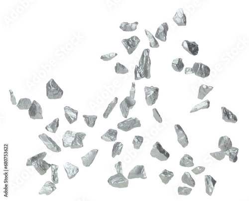 Silver ore nugget fly fall from Mining float in air. Many pieces silver nugget ore explosion with stone gravel in silver Mining industry. White background Isolated throwing freeze stop motion © Jade