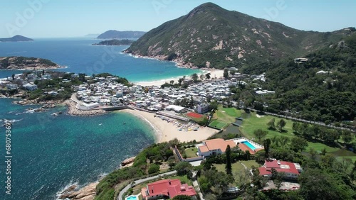 Aerial drone shot of a rocky mountain geological formations in Hong Kong Cape D Aguilar with ocean view on sunny near Stanley, Shek O and Repluse Bay photo