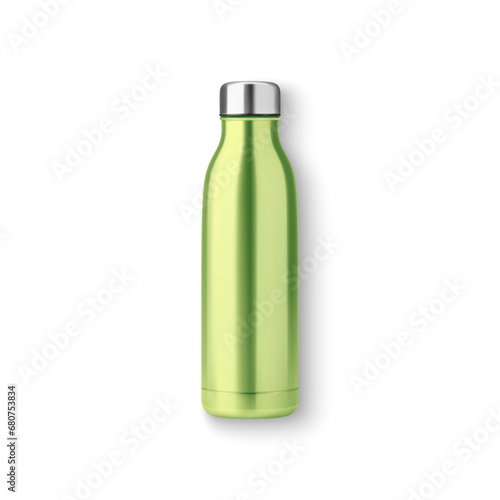 Vector Realistic 3d Green Blank Glossy Metal Reusable Water Bottle with Silver Bung Closeup Isolated on White Background. Design template of Packaging Mockup. Front View