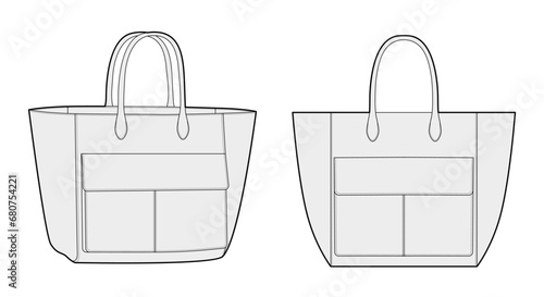 XL Tote Bag with front flap 3D pocket and extra-large proportions. Fashion accessory technical illustration. Vector satchel front 3-4 view for Men, women, unisex style, flat handbag CAD mockup sketch