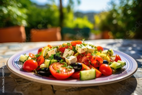 Fresh Greek Salad on Outdoor Table