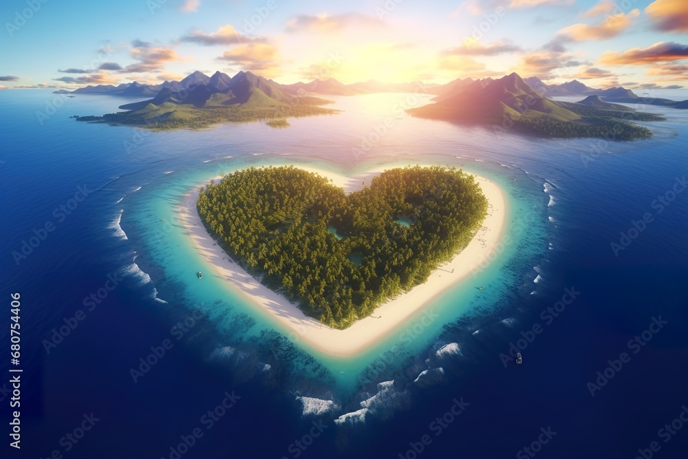 Aerial sunrise view of Pacific Island in the Shape of a Heart. Love Holiday Concept - obrazy, fototapety, plakaty 