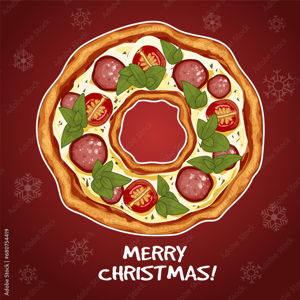 Pizza in bagel shape. Christmas wreath pizza. Greeting card, flyer banner. Illustration for kids. Vector illustration. Pizza in bagel shape. Christmas wreath pizza. Greeting card, flyer banner. Illustration for kids. Vector illustration.
