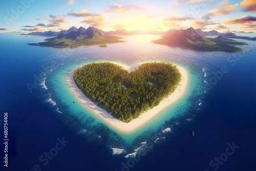 Photographie Aerial sunrise view of Pacific Island in the Shape of a Heart