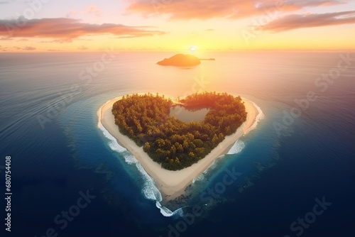 Aerial sunrise view of Pacific Island in the Shape of a Heart. Love Holiday Concept