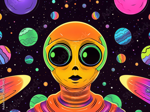 Orange Alien In Rainbow Space Background