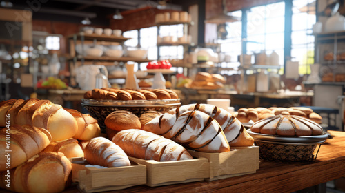 Modern bakery with different kinds of bread, cakes and buns
