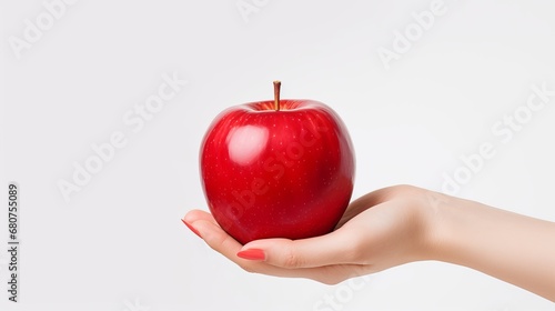 rendering of a bright red apple held above a white background AI generated illustration