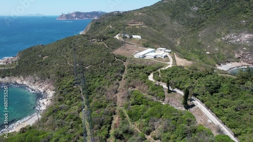 Aerial drone shot of a rocky mountain geological formations in Hong Kong Cape D Aguilar with ocean view on sunny near Stanley, Shek O and Repluse Bay photo