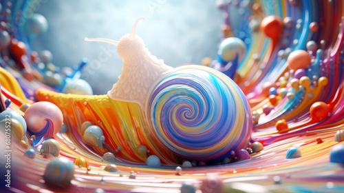 colorful model of a snail crawling across a surreal white surrounding AI generated illustration