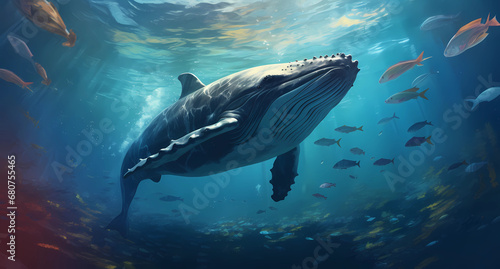 A whale swimming in the ocean with other animals