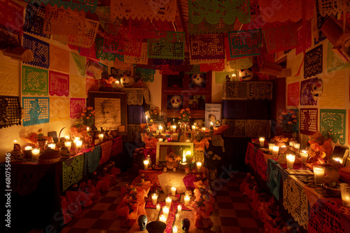 Day of the Dead altar respecting the traditional structure in Mexico