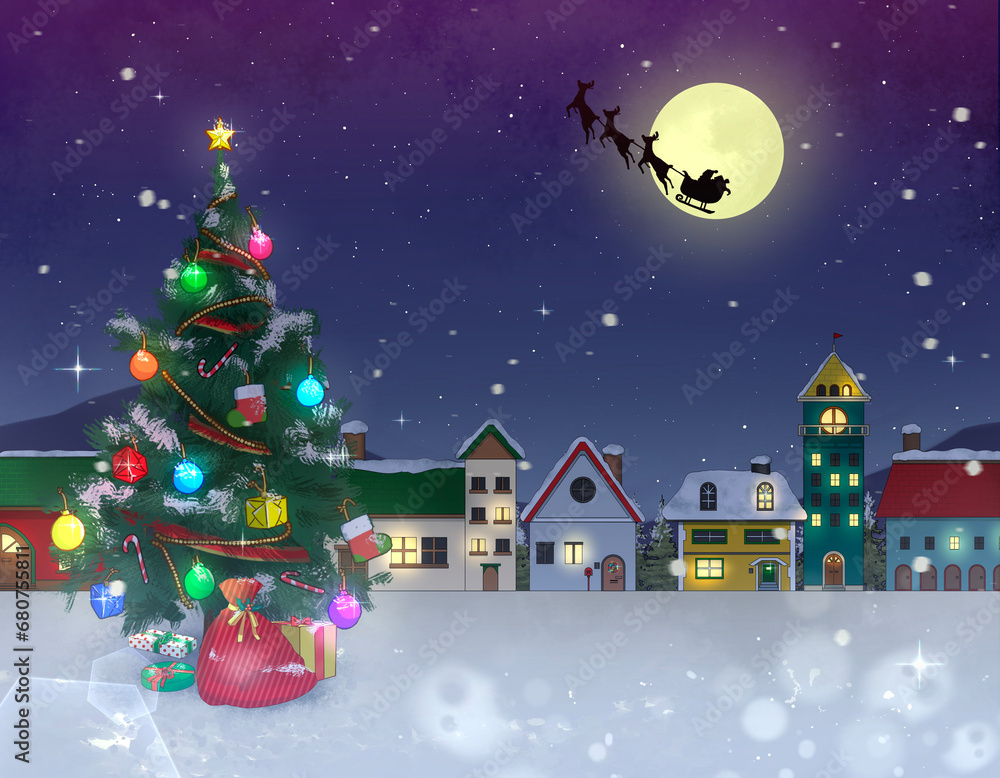 Fototapeta premium 大きなクリスマスツリーとプレゼントのある満月のクリスマスナイト背景