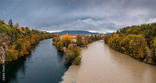 Famous La Jonction, the joint and confluence of rivers Rhone on the left and Arve on the right in Geneva, Switzerland.