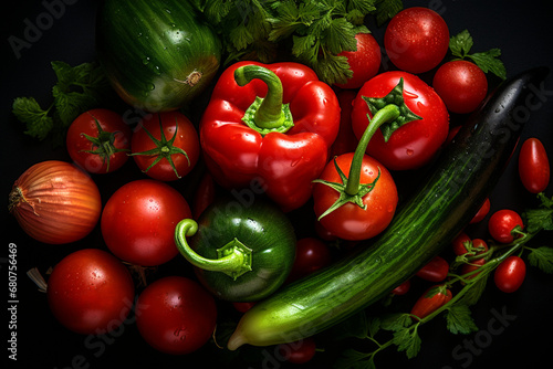 Vegetables background with tomatoes, cucumbers, and bell peppers. Generative AI