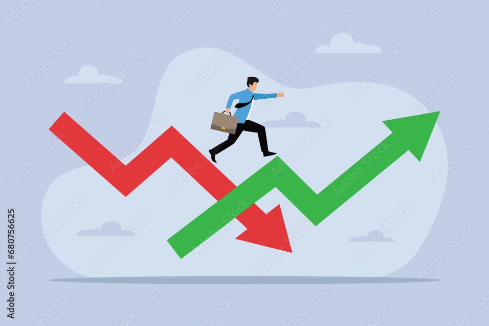 Businessman running on down and up arrows Businessman running on down and up arrows